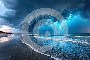 Lightning storm over a tranquil beach at sunset