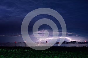 Lightning storm over windmill eolian park in Romania