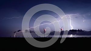 Lightning storm over windmill eolian park in Romania