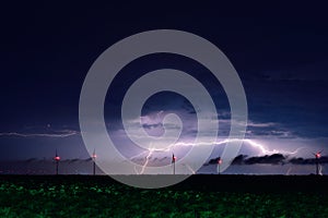 Lightning storm over windmill eolian park in Romania