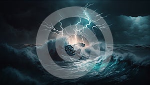 Lightning storm at sea, with a powerful and dangerous presence and a sense of raw energy and power. Generative AI