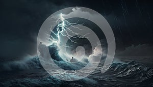 Lightning storm at sea, with a powerful and dangerous presence and a sense of raw energy and power. Generative AI