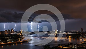 Lightning storm sky, electric weather and thunderbolts, Stock Photo, Generative AI photo