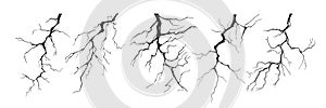 Lightning strike bolt silhouettes vector illustration set.