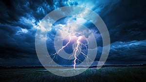 Lightning strike in the dark blue sky over a field