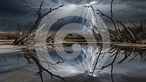 Lightning Strike Over Still Water Reflecting Bare Trees and a Dramatic Sky