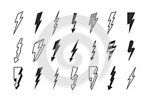 Lightning strike set. Flashes powerful in dark thunderstorm with dangerous thunderbolt charges graphic high voltage