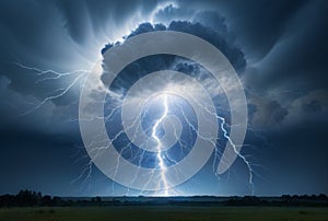 Lightning strike in the stormy sky. 3D illustration.