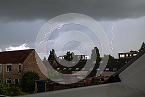 Lightning strikes in a city