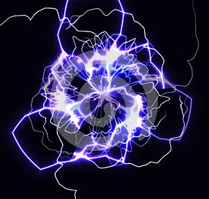 Lightning strikes or flash, neural network close up, violet fractal background, magic rays, energy storm, electricity