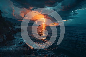 Lightning strikes the ground from thunderclouds over the sea