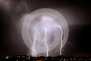 Lightning strikes at night during a severe thunderstorm over the city of Mendoza, Argentina.