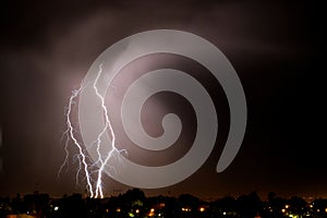 Lightning strikes at night during a severe thunderstorm over the city of Mendoza, Argentina.