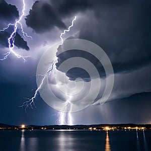 Lightning strikes in the night sky - ai generated image