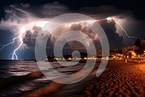 lightning strikes over the beach at night