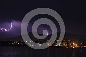 Lightning strikes over city of Ioannina, Epirus, Greece