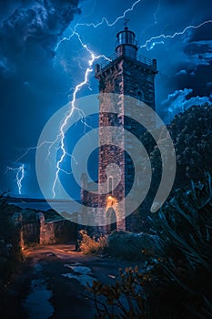 Lightning strikes over the lighthouse at night. Generative AI