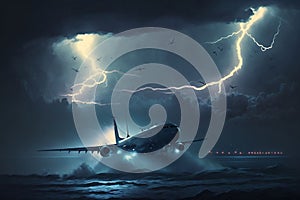 Lightning strikes passenger airplane, Lightning strikes passenger airplane flying over sea at night