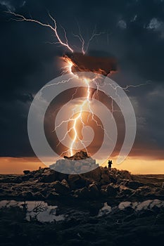 Lightning strikes a pile of stones and a distant silhouette of a man with a child. AI