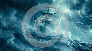 Lightning strikes and thunder booms as a ship helplessly bobs in the midst of a violent storm its crew fearing for their