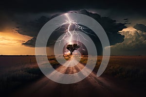 Lightning strikes tree in the middle of dirt road. Generative AI