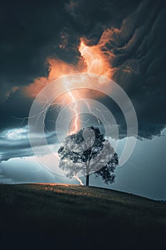 Lightning striking a lone tree on a hill, illustrating the electric power of nature