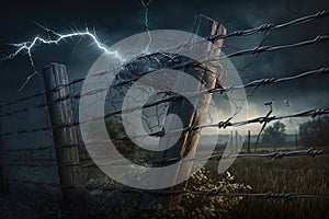 Lightning Struck Barbed Wire Fences Realistic. Generative AI