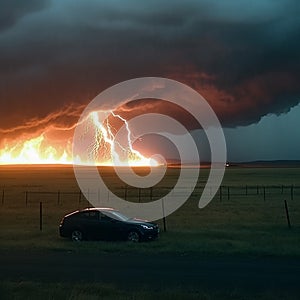 Lightning struck a field, the grass caught fire, a car is standing nearby, a thunderstorm, night, a dangerous situation,