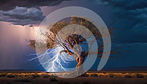 lightning struck a mighty old tree. elements, rain, lightning.