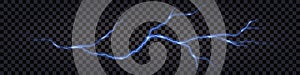Lightning thunder bolt, electric discharge shock. Blue neon light glowing effect, impulse lcurve lines.  Thunderstorm electricity