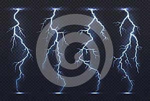 Lightning. Thunder storm electricity blue sky flash stormy realistic thunderstorm rainstorm climate. Lightnings vector