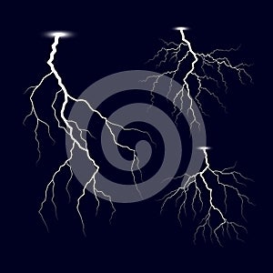 Lightning. Thunder storm lightnings set. Bright light effects. Vector Illustration isolated on dark background