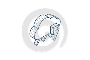 Lightning, thunder storm, rain and cloud isometric icon. 3d line art technical drawing. Editable stroke vector