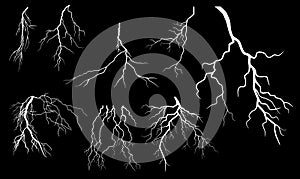 Lightning Thunder Storm Zapping Vector Silhouette Set Isolated on Black Background