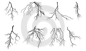 Lightning Thunder Storm Zapping Vector Silhouette Set Isolated on White Background