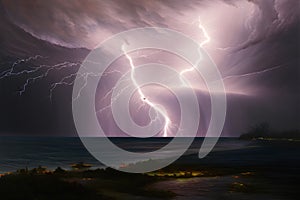 Lightning Thunderstorm On The Beach At Night Generative AI