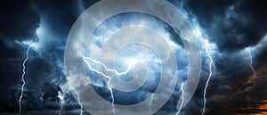 Lightning thunderstorm flash over the night sky. Concept on topi photo