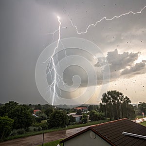 Lightning and thunderstorm flash with raining background