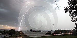 Lightning and thunderstorm flash with raining background