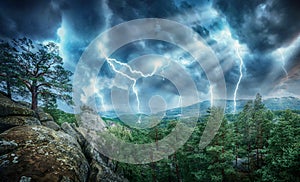 Lightning thunderstorm flash and sun lights in the mountains. Concept on topic weather, cataclysms hurricane, Typhoon, tornado,