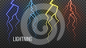 Lightning Vector. Storm Flash Thunder. Electric Power. Realistic Isolated Transparent Illustration