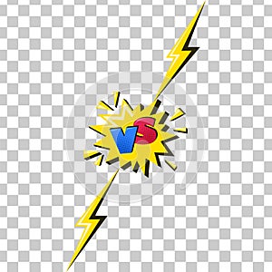 Lightning with versus sign. Comic challenge symbol with yellow flash and vs letters. Vector illustration