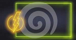 Lightning yellow bolt neon light icon. Electricity sign. Speed and power. Glowing sign with green neon frame. Vector isolated