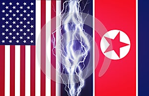 Lightnings effect between flags of USA and North Korea. Concept of conflict between two nations, Washington and Pyongyan