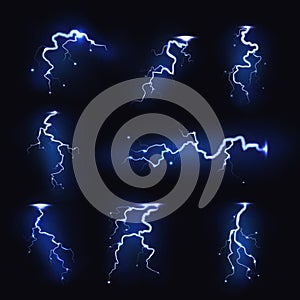 Lightnings realistic. Thunder light sparks, storm flash, thunderstorm blitz. Power energy charge, electric voltage