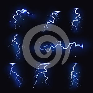 Lightnings realistic. Thunder light sparks, storm flash, thunderstorm blitz. Power energy charge, electric voltage photo