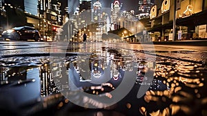 The lights of the big city from skyscrapers and cars are reflected in a dark puddle at night, made with generative ai