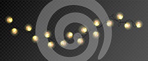 Lights bulbs isolated on transparent background. Glowing golden Christmas garlands string. Vector New Year party lights
