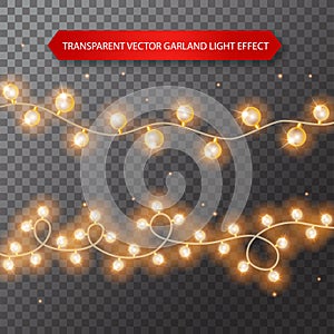 Lights bulbs isolated on transparent background. Glowing golden Christmas garlands string. Vector New Year party lights