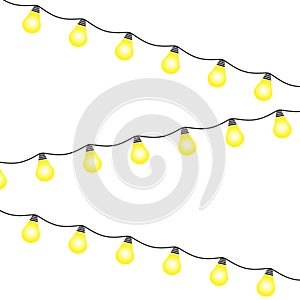 Lights bulbs isolated on white background. Glowing golden Christmas garlands string. Vector New Year party lights decorations